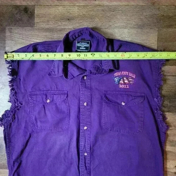 TX State Ralley 2011 Men's Motorcycle Denim Purple Sleeveless Buttondown Size L - Picture 7 of 9